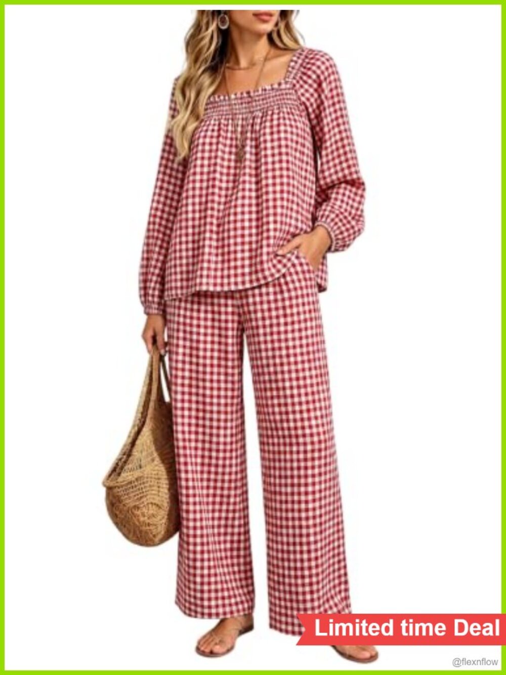 Womens Cotton Gingham 2 Piece Lounge Set Smocked Top Wide Leg Pants